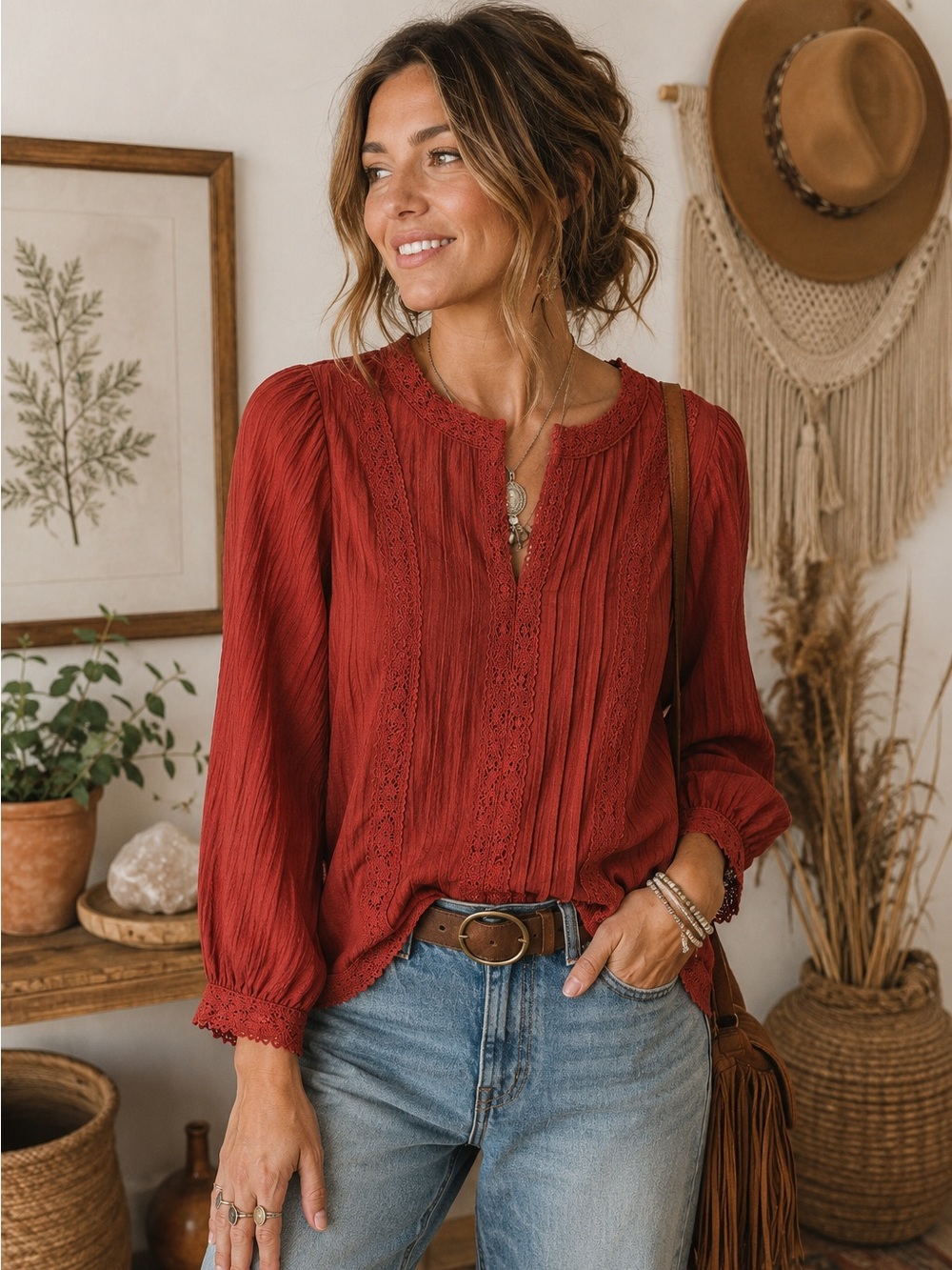 NWT Devoted Rust Boho Lace Blouse | Size XS